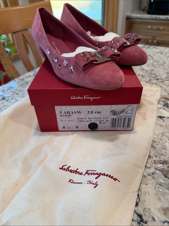 Salvatore Ferragamo Shoes - NEW!! Salvatore Ferragamo Rose Suede Varina Bow Flats with Crystal Detail